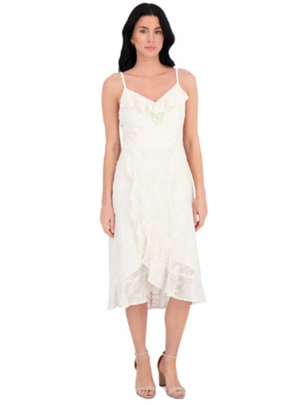 Kensie Lace High Low Sand Beige V Neck Ruffle Event Wedding Formal Dress Size 4